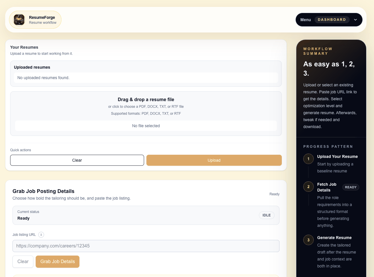 Animated preview of uploading a resume in ResumeForge