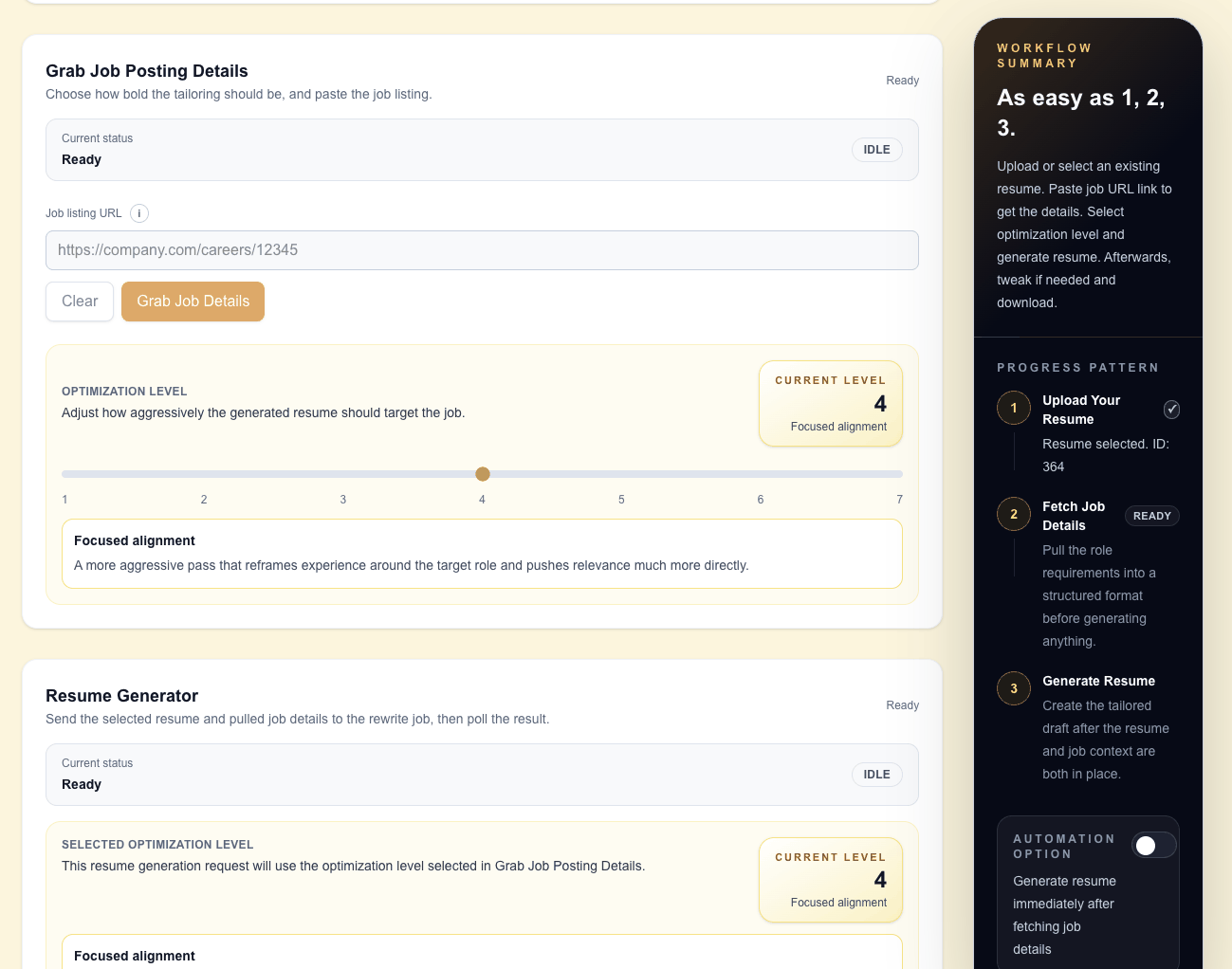 Animated preview of fetching job details in ResumeForge