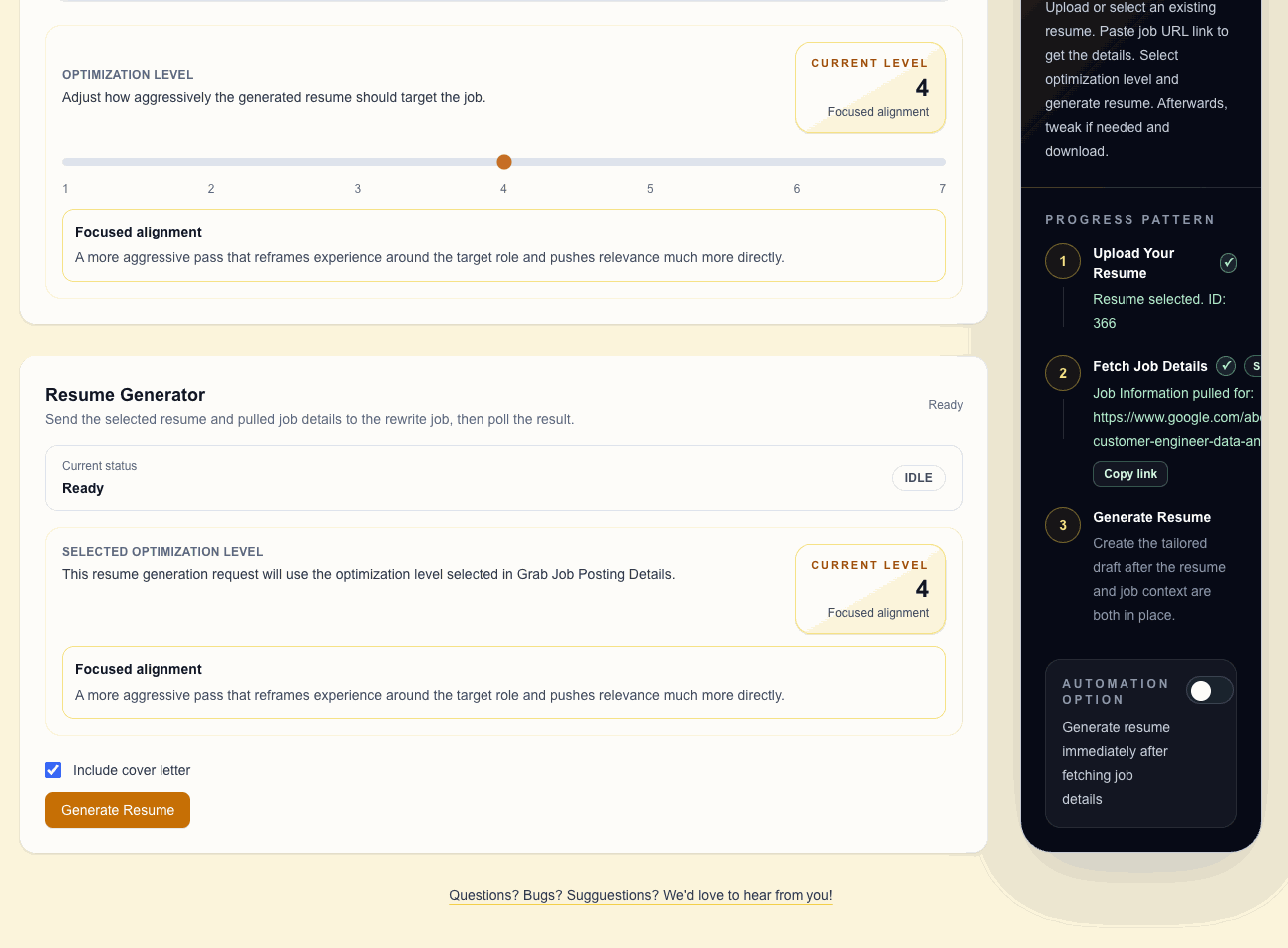 Animated preview of generating a tailored resume in ResumeForge